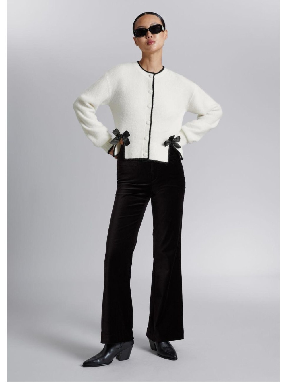 & Other Stories Cream Cropped Cardigan with Black Trim and Ribbon Bows - Picture 3 of 3